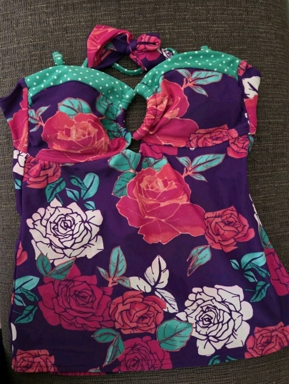 Purple Floral Women's Tankini Swim Top - Pink & Teal Accents